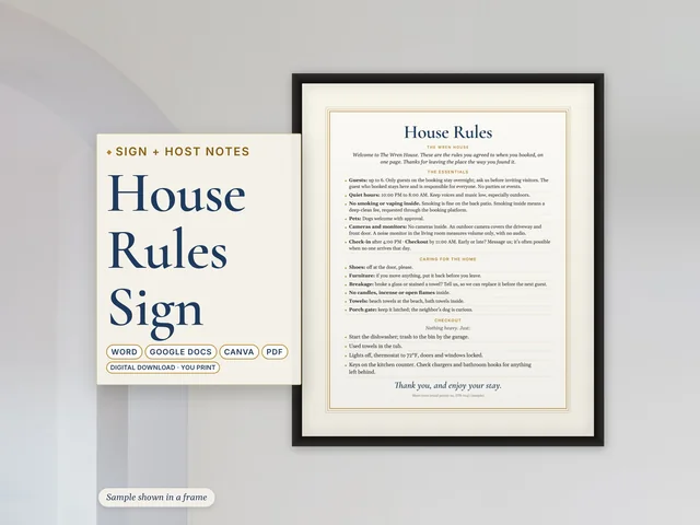 House Rules Sign template framed on a rental wall
