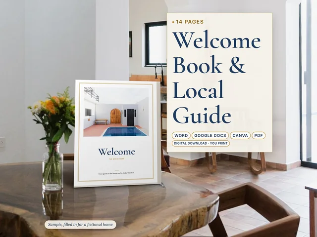 Welcome Book & Local Guide template printed and standing on a table