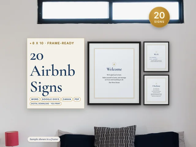 Signs Pack templates: framed Welcome, Wi-Fi and Checkout signs on a bedroom wall